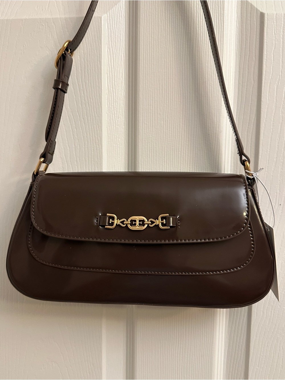 Sam Edelman Dark Brown Patent Leather Shoulder Bag with Gold Hardware